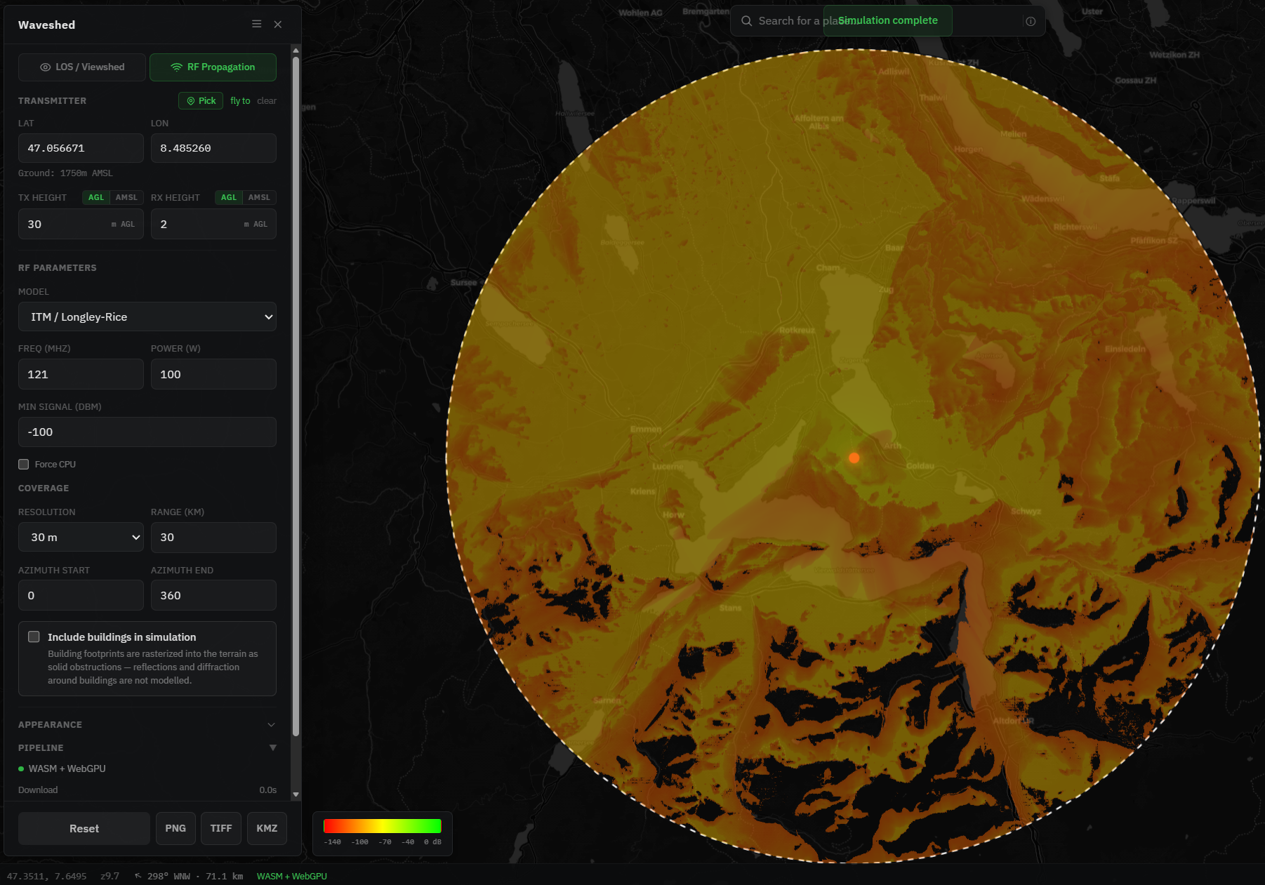 RF coverage from Mount Rigi at 121 MHz with the ITM model: a graded signal-strength map from low to high, black below the usable threshold