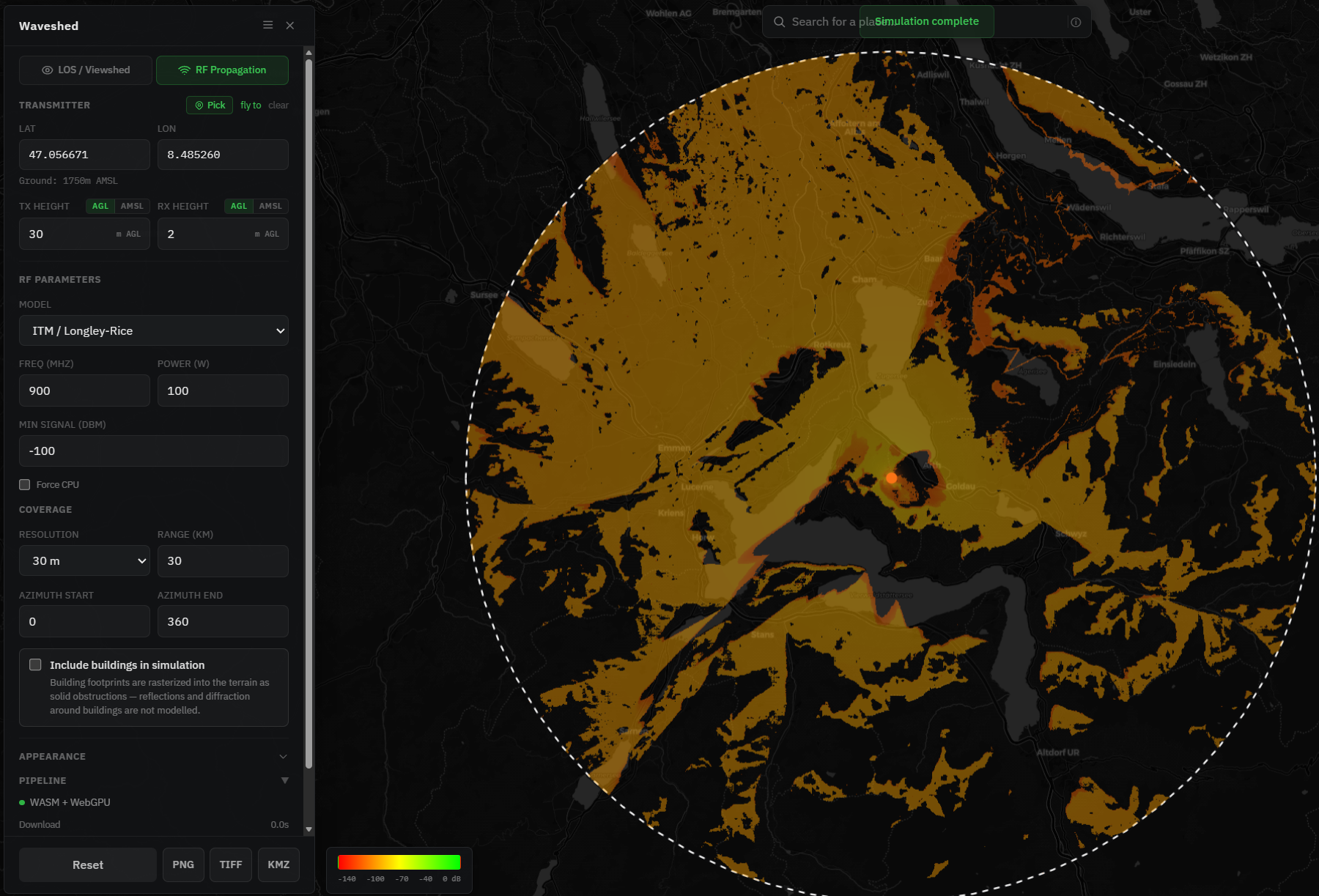 RF coverage from Mount Rigi at 9 GHz: weaker, patchier coverage with hard, fragmented terrain shadows