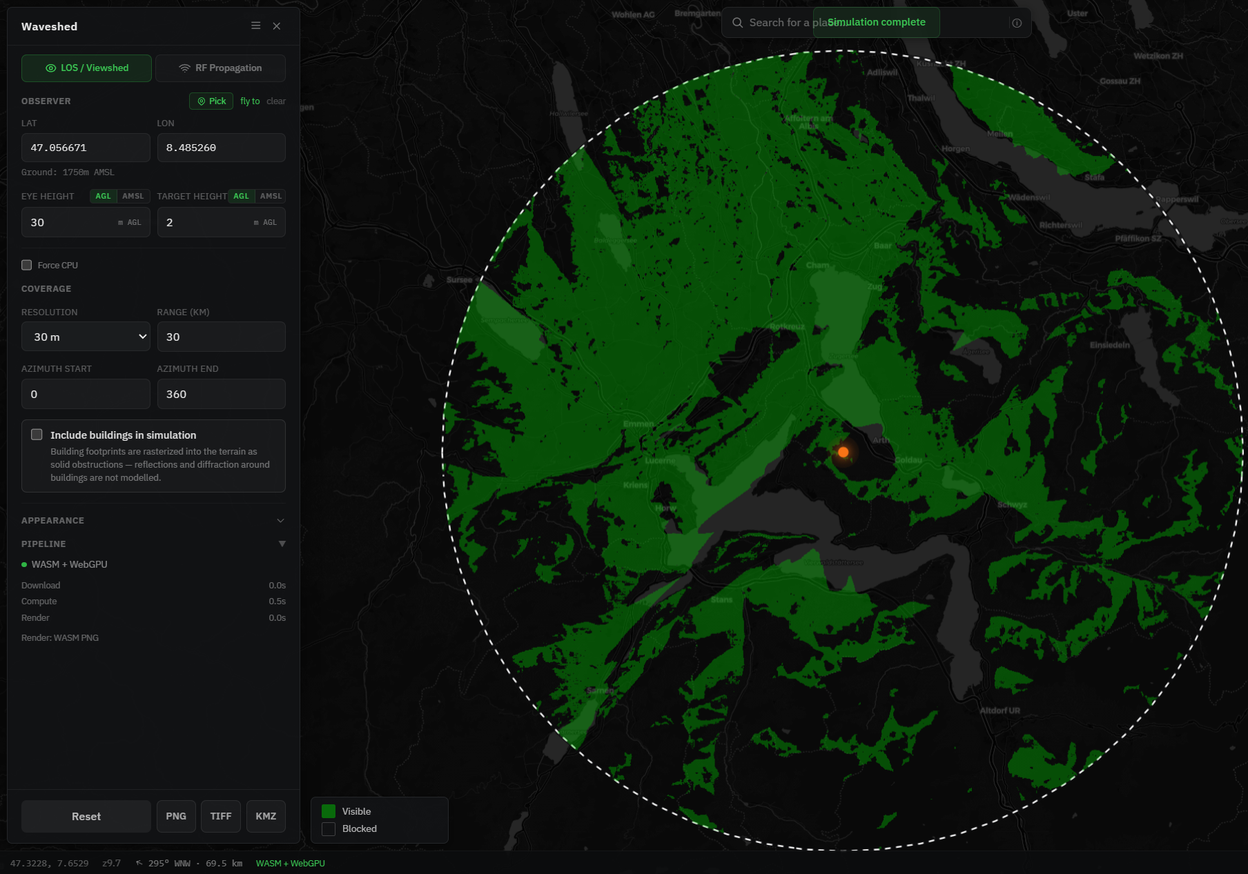 LOS viewshed from Mount Rigi: a binary visibility map, green where the summit has a clear sight line, dark where terrain blocks it
