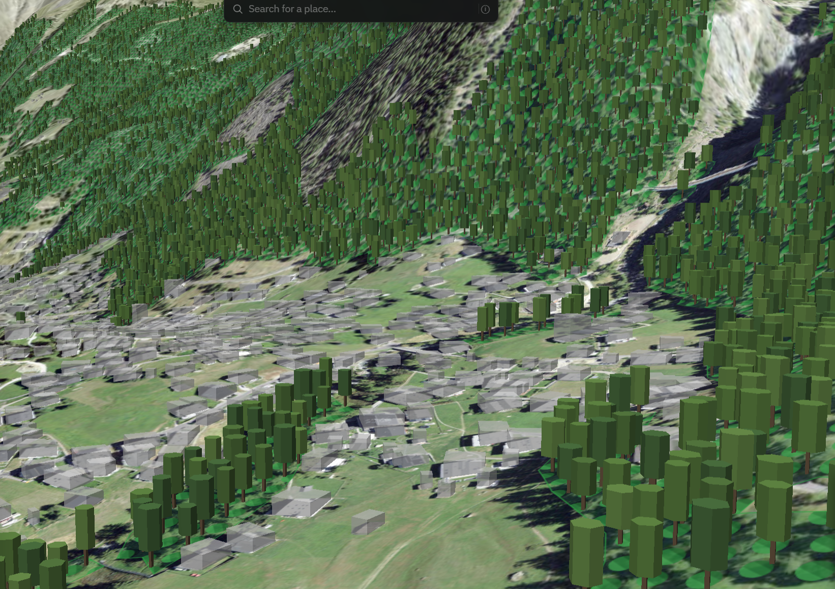 Waveshed’s 3D terrain view with an OpenStreetMap forest drawn as individual trees standing on a slope
