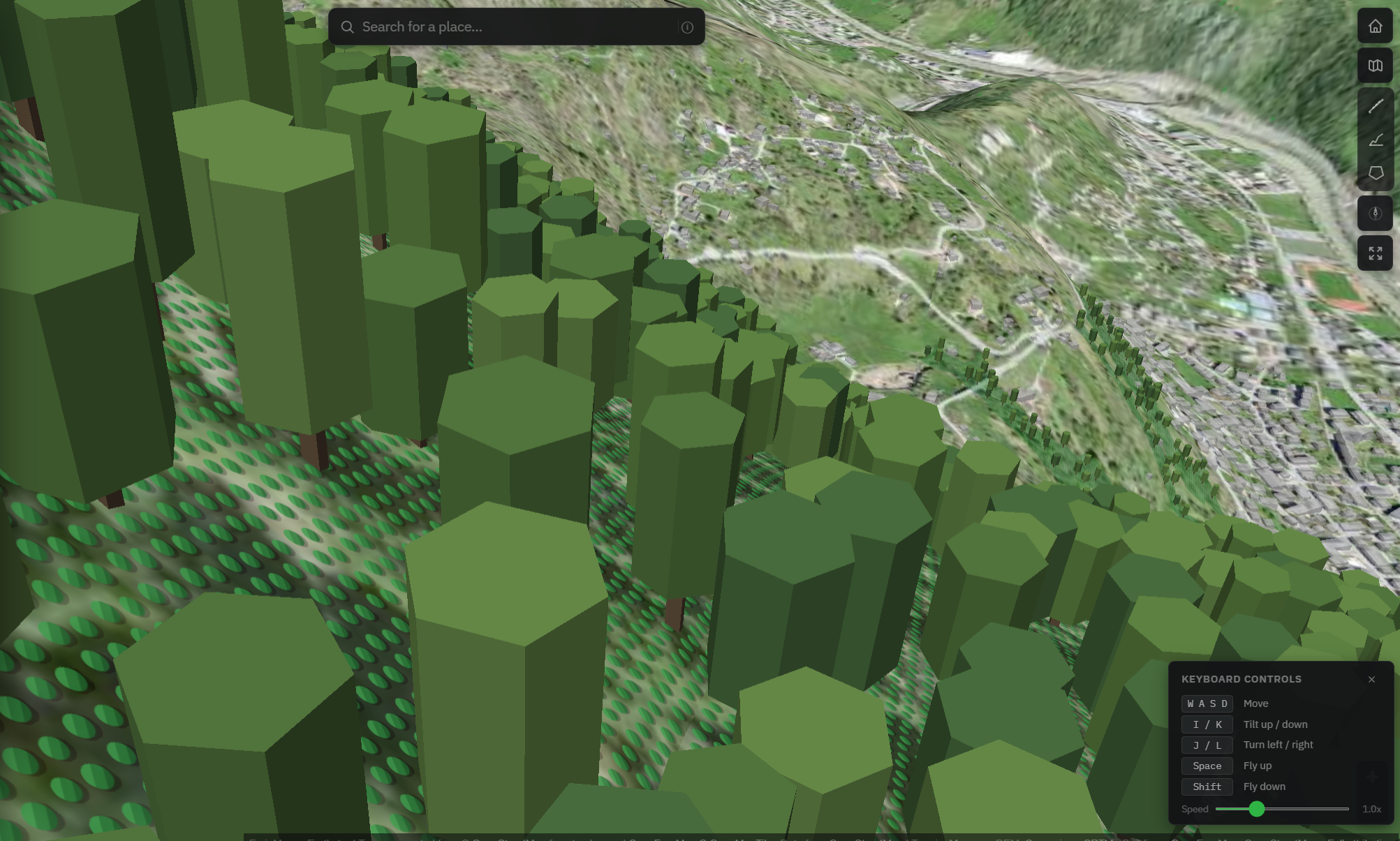A close-up of the 3D view showing individual trees each standing on its own ground elevation across uneven terrain