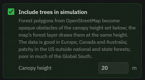 The Waveshed control panel in LOS mode with the "Include trees in simulation" box ticked and the canopy height field set to 15 m