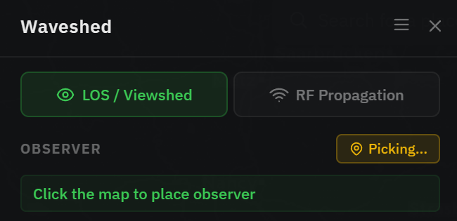 The LOS / Viewshed and RF Propagation mode buttons at the top of the panel
