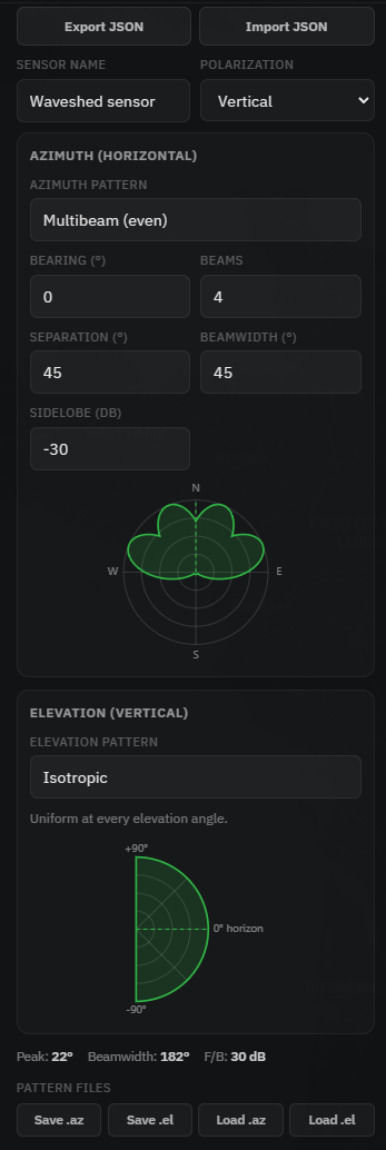 The expanded Sensor / Antenna advanced panel with the pattern type selector